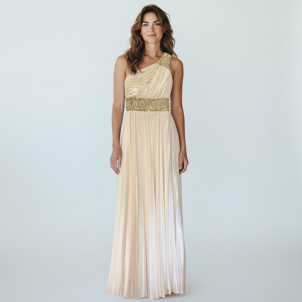 My Michelle White Gold One Shoulder Formal Gown Size 5 NWT